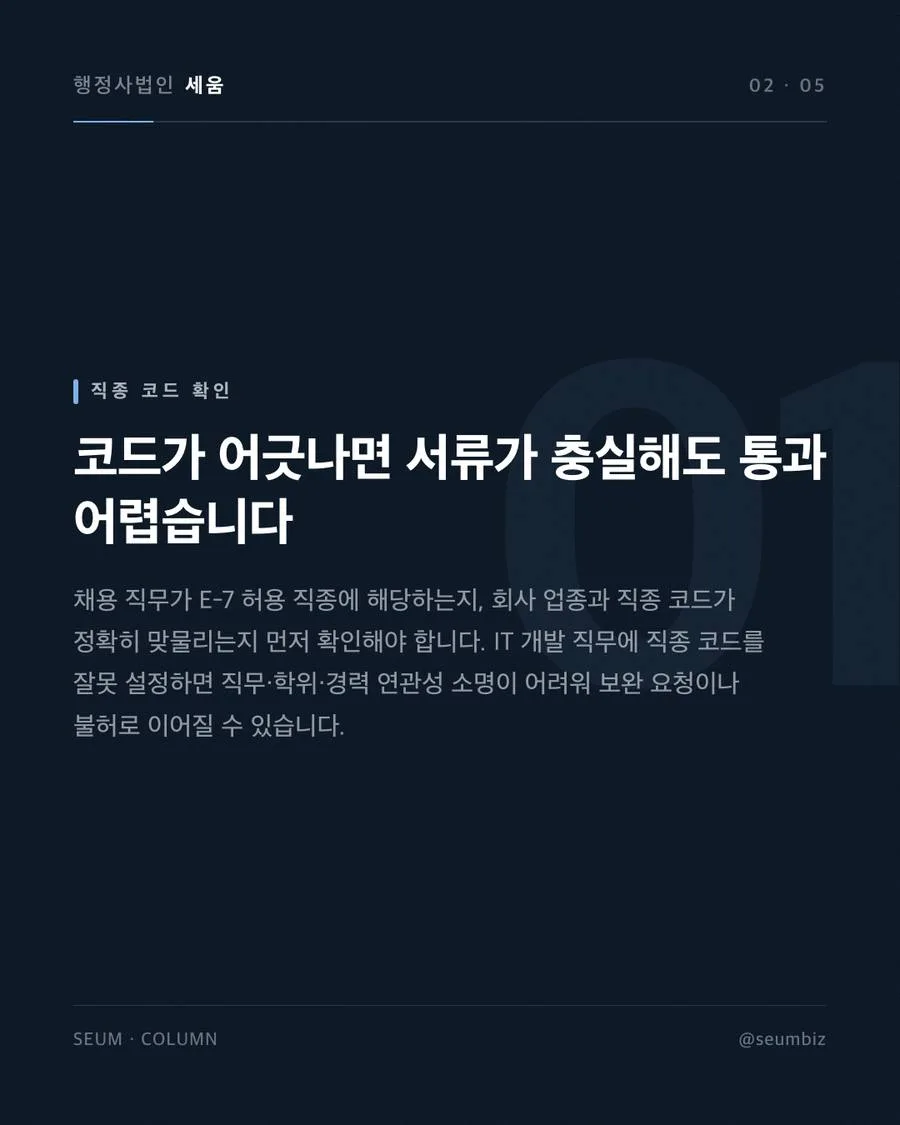 E-7 고용 기업 요건, 매출과 국민고용 인원 기준 국민고용 인원 산정 오류로 인한 심사 지연 · 행정사법인 세움