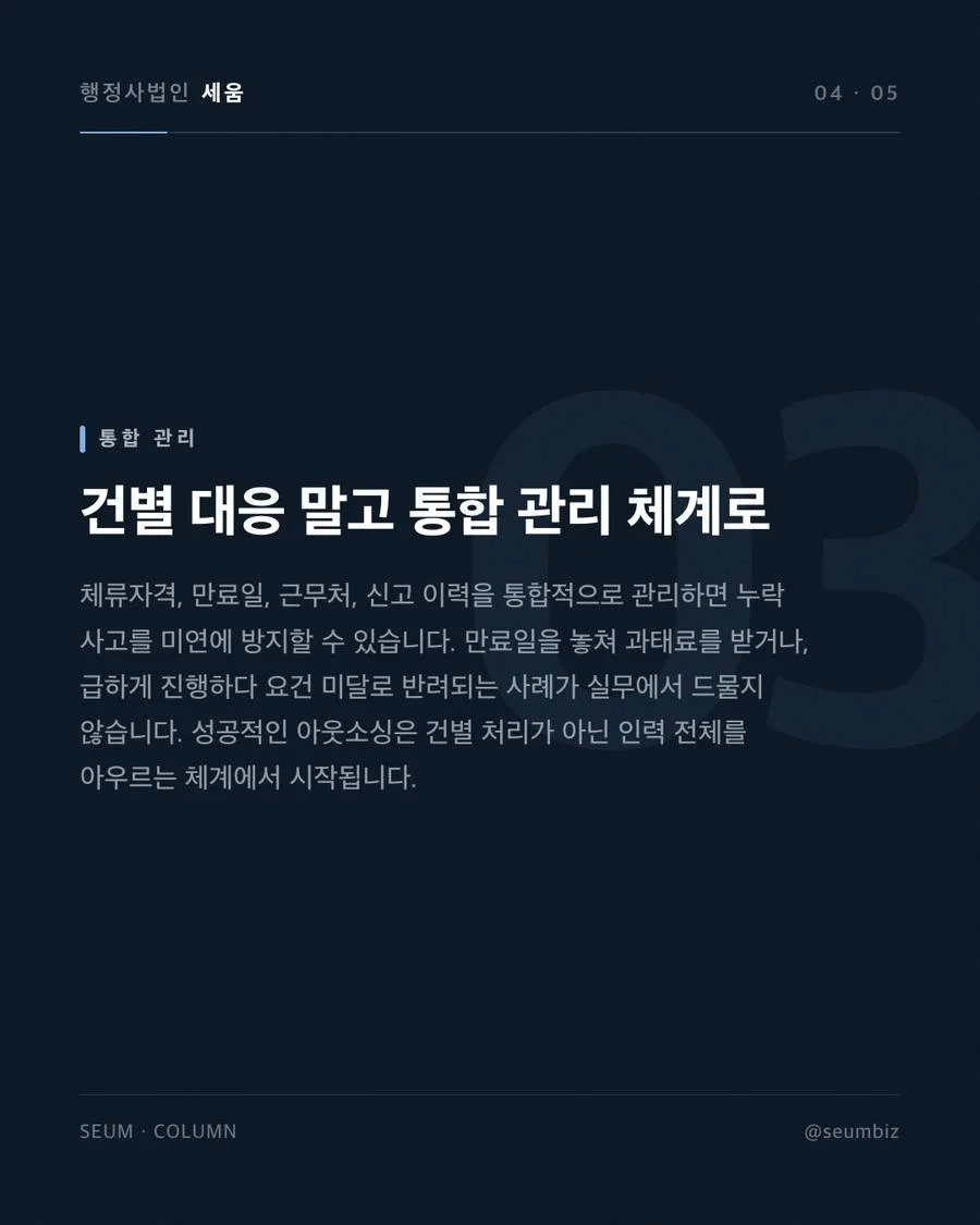 외국인 비자 업무 아웃소싱, 기업이 어디까지 맡길 수 있나 채용 전 검토 부족으로 인한 비자 문제와 체계적 관리의 중요성 · 행정사법인 세움