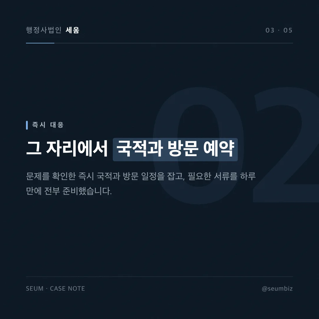미국시민권자 증명서로 확인된 국적상실신고 미정리, 다음날 국적과 동행으로 해결한 사례 — 카드 2 · 행정사법인 세움